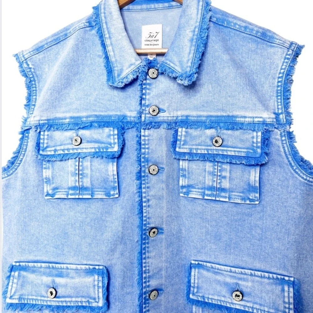 Cinq a Sept Tours Les Jours Vera Blue Denim Fringe Utility Cargo Vest Size XL - Picture 3 of 8